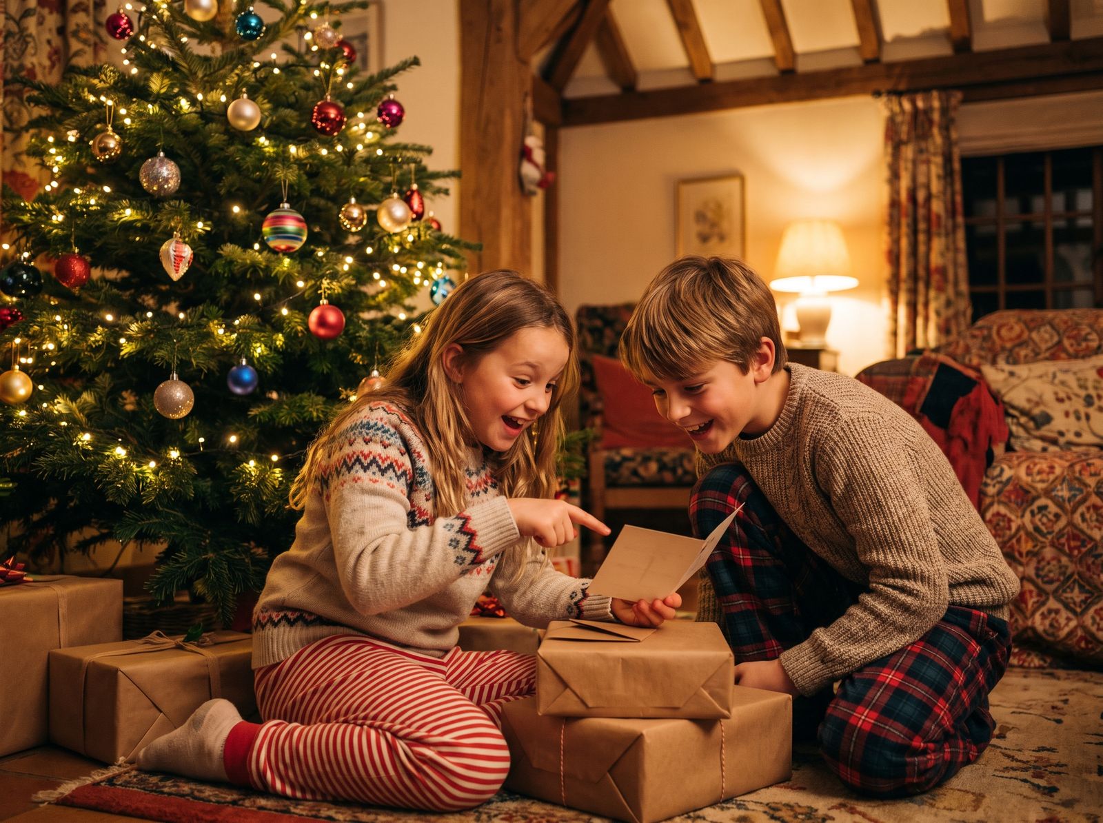 Twee kinderen vinden een raadsel onder de kerstboom