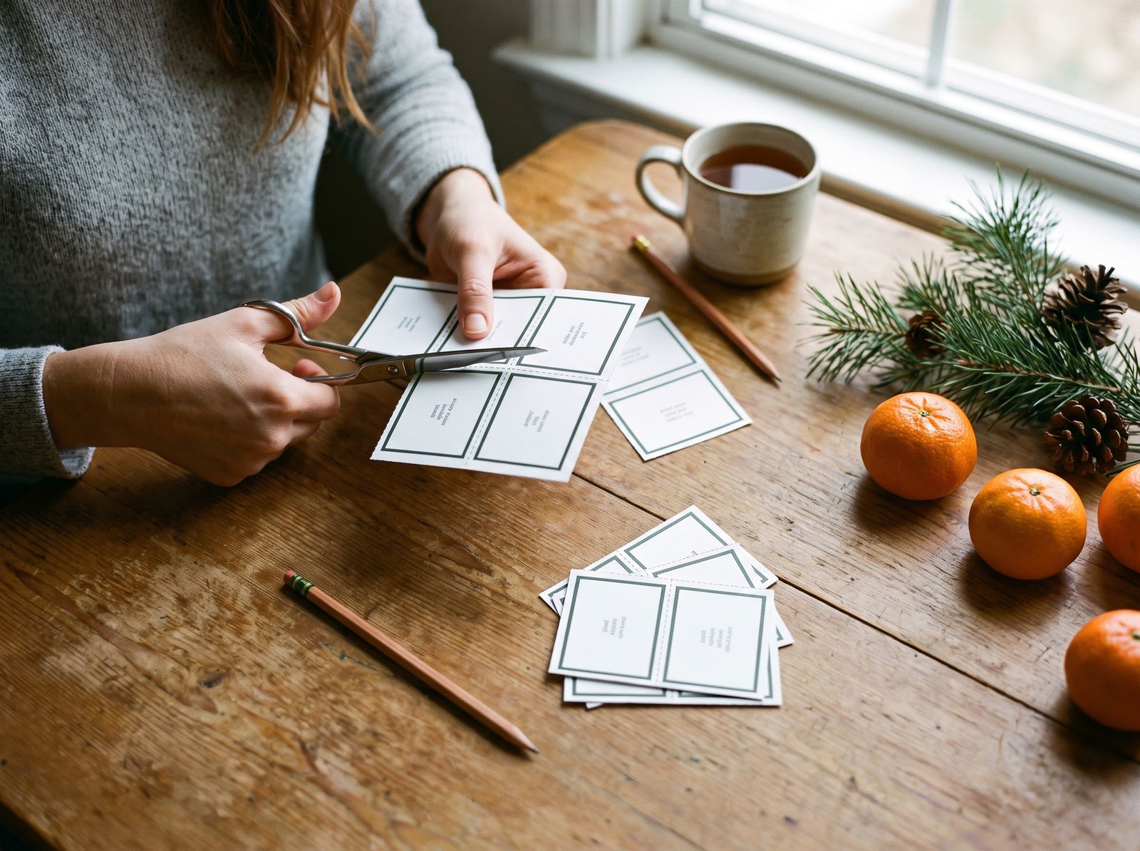 Spelkaartjes knippen aan de keukentafel