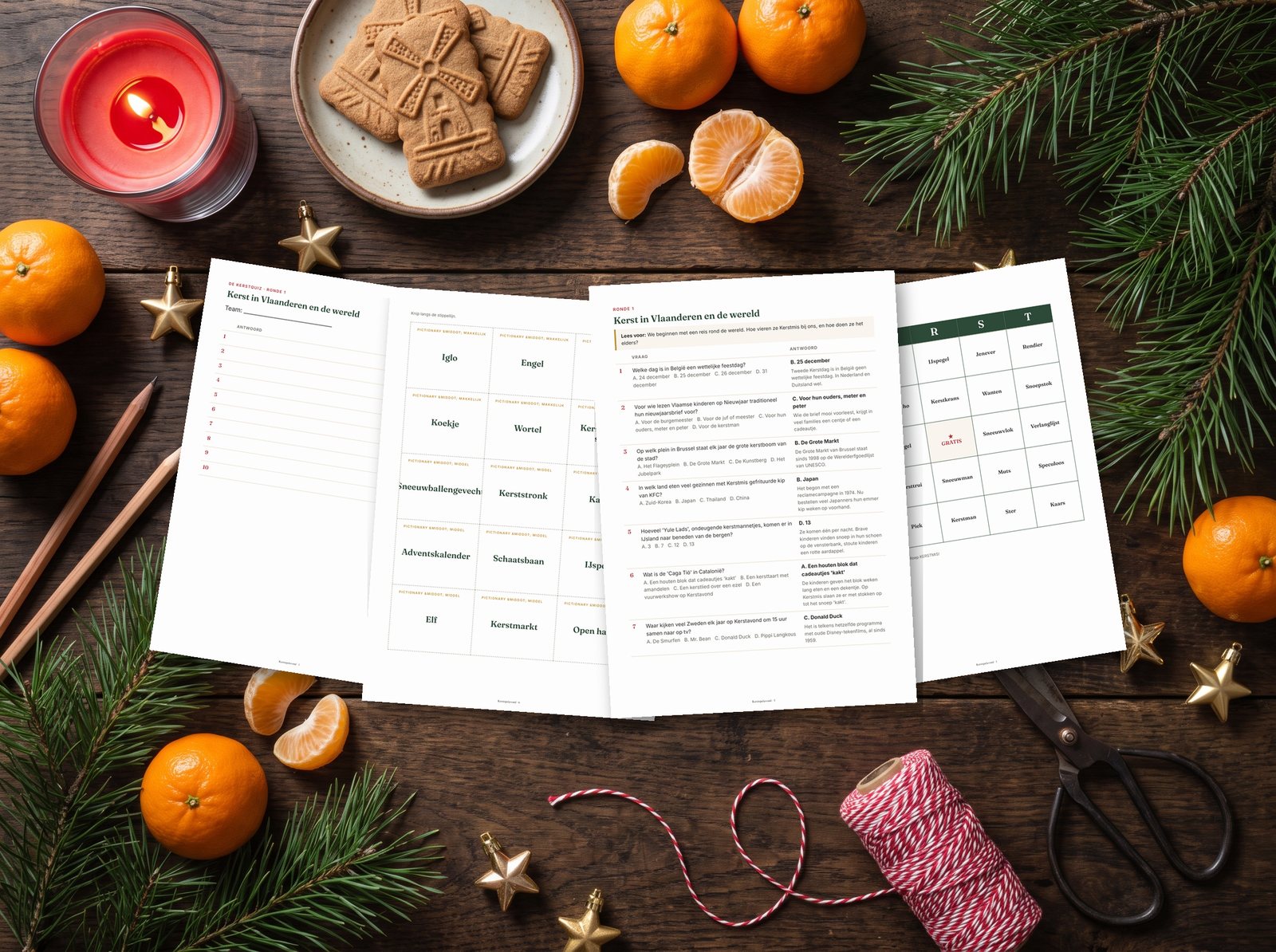 Quizmasterboekje, antwoordblad, Taboe-kaartjes en een bingokaart op tafel